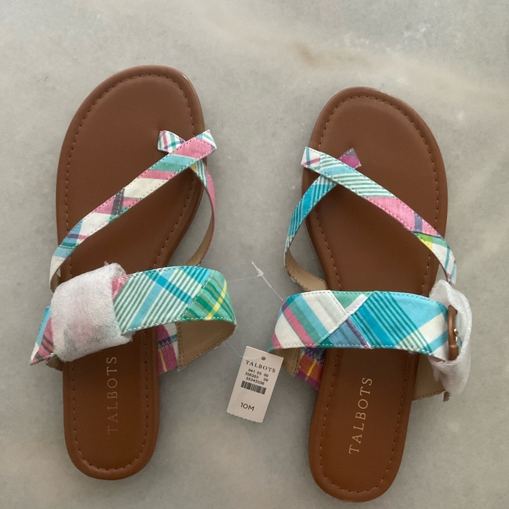 Talbots Gia leather/fabric sandals madras plaid patchwork SZ10
